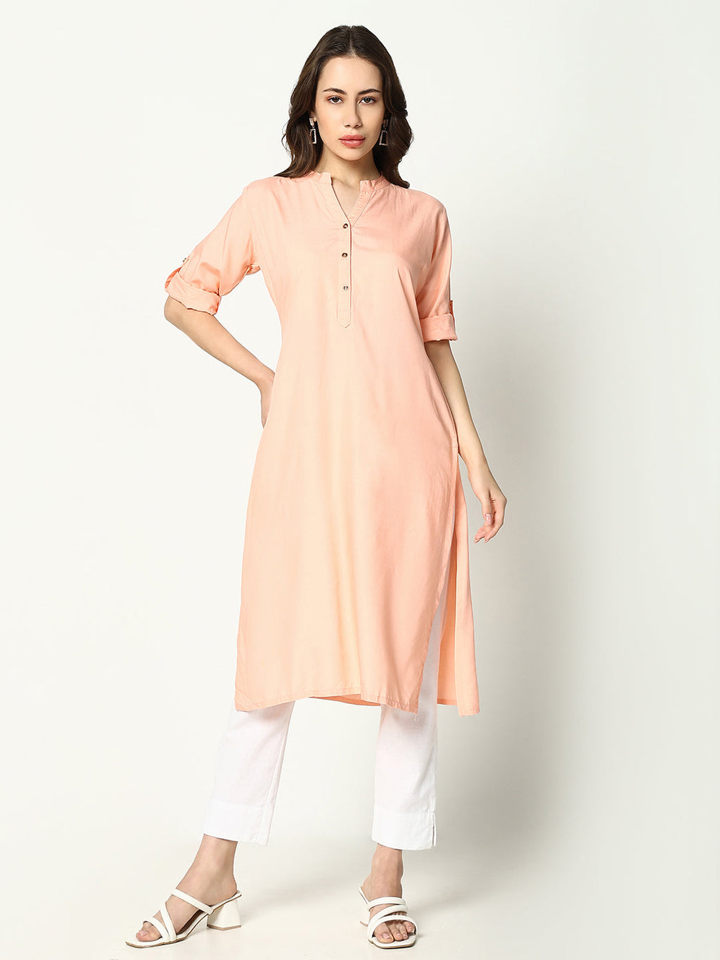 Women's Peach Mandarin Collar Straight Cotton Kurta