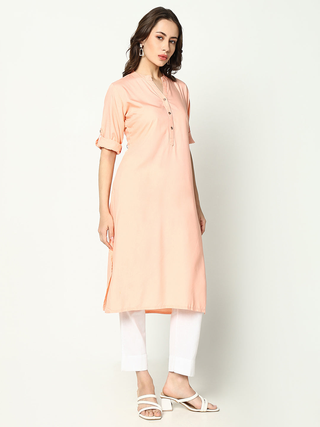 Women's Peach Mandarin Collar Straight Cotton Kurta