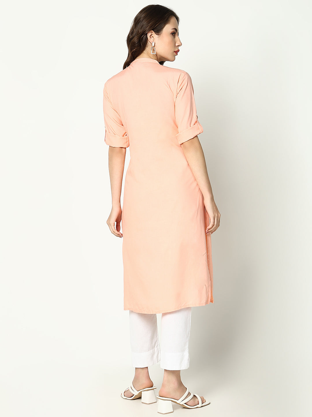 Women's Peach Mandarin Collar Straight Cotton Kurta