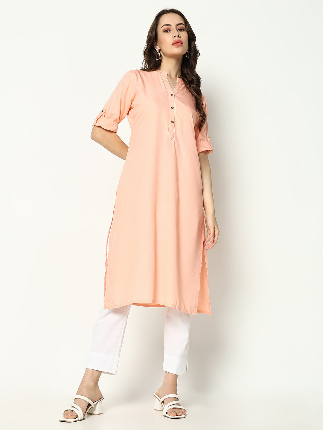 Women's Peach Mandarin Collar Straight Cotton Kurta