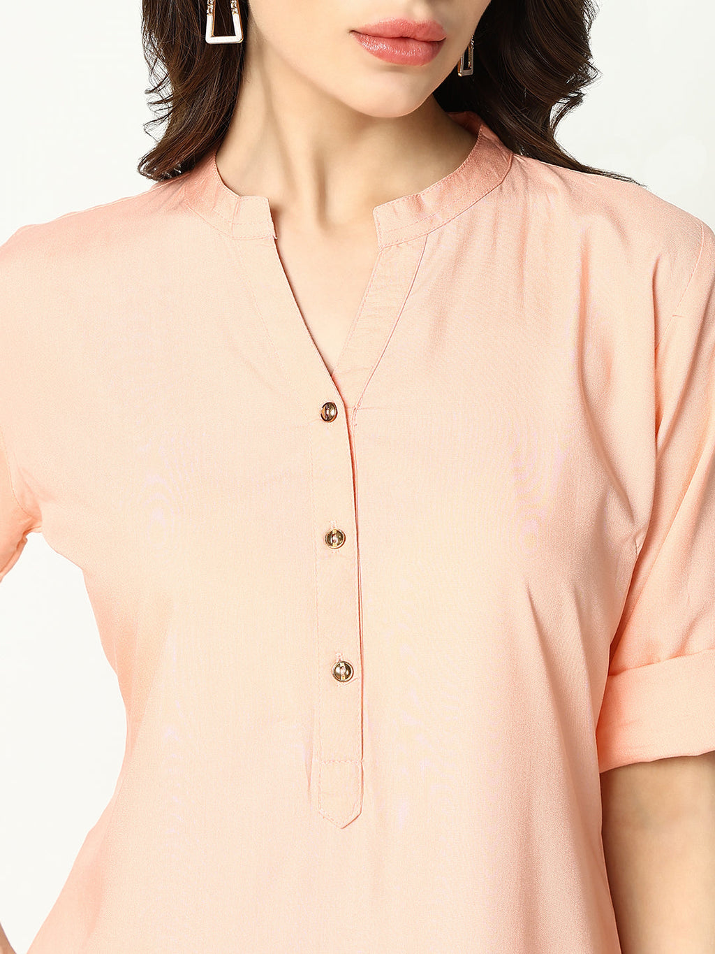 Women's Peach Mandarin Collar Straight Cotton Kurta