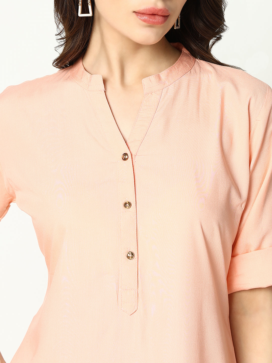 Women's Peach Mandarin Collar Straight Cotton Kurta