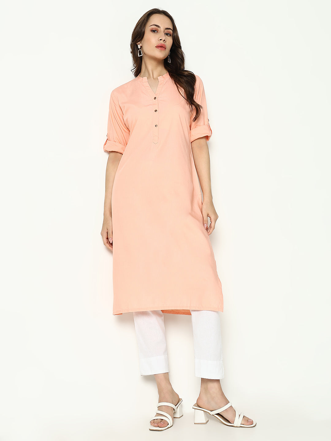 Women's Peach Mandarin Collar Straight Cotton Kurta