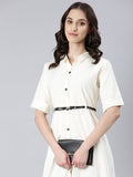 Women's Cream Shirt Collar Shirt Dress With Belt