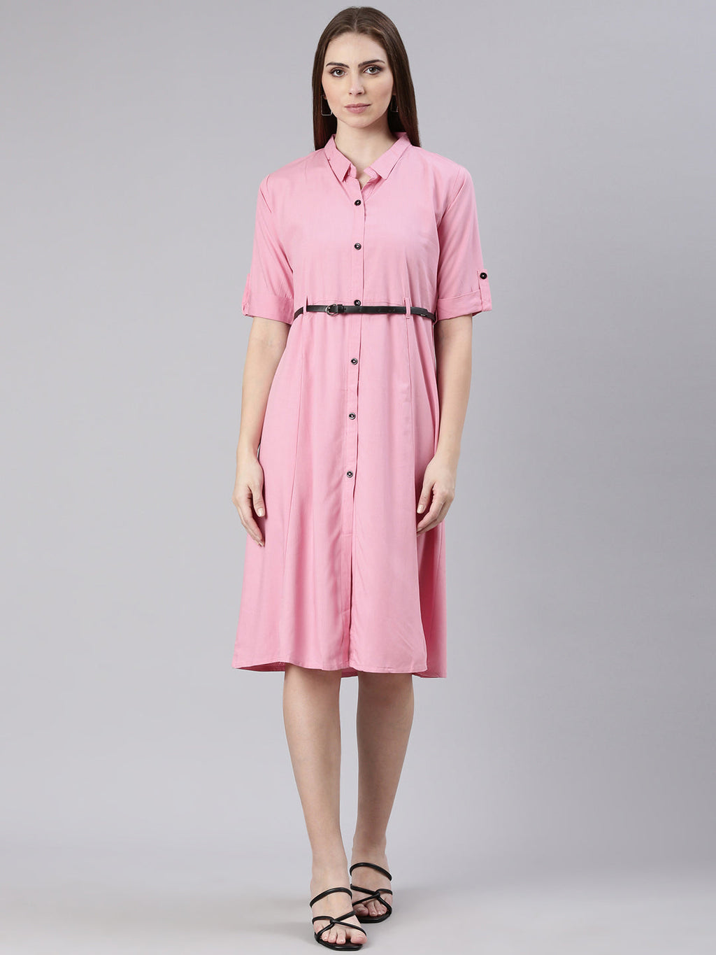 Women's Pink Cotton Shirt Style Dress