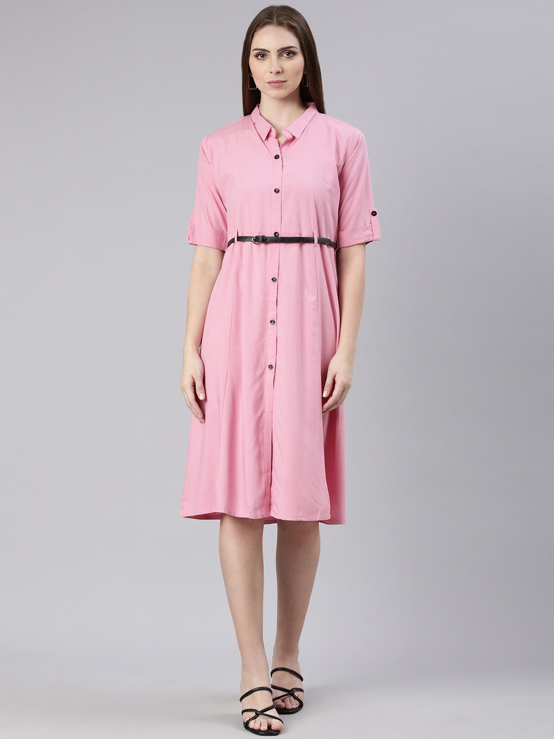 Women's Pink Cotton Shirt Style Dress