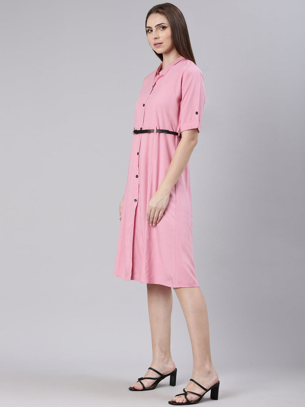 Women's Pink Cotton Shirt Style Dress