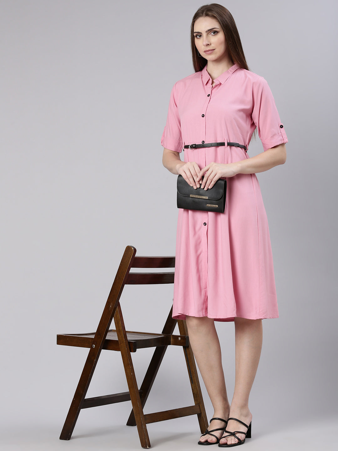 Women's Pink Cotton Shirt Style Dress