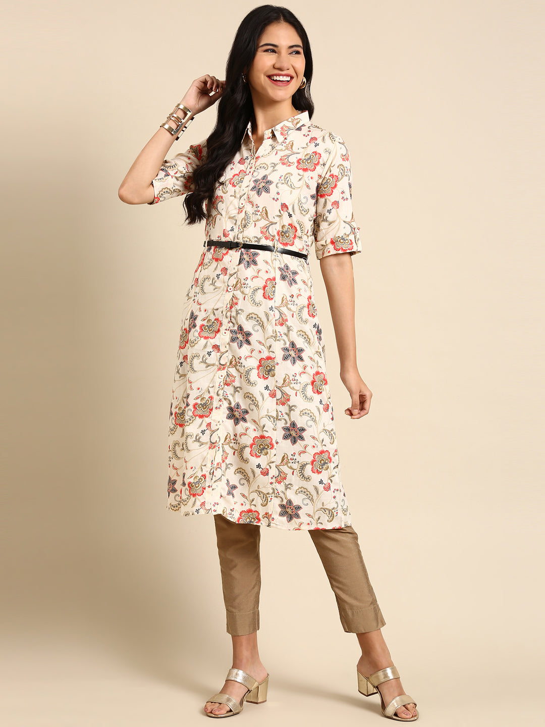 Women's Beige Shirt Collar Floral Printed Anarkali Kurta