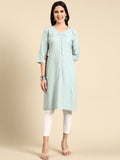 Women's Sea Green Floral Embroidered Straight Kurta