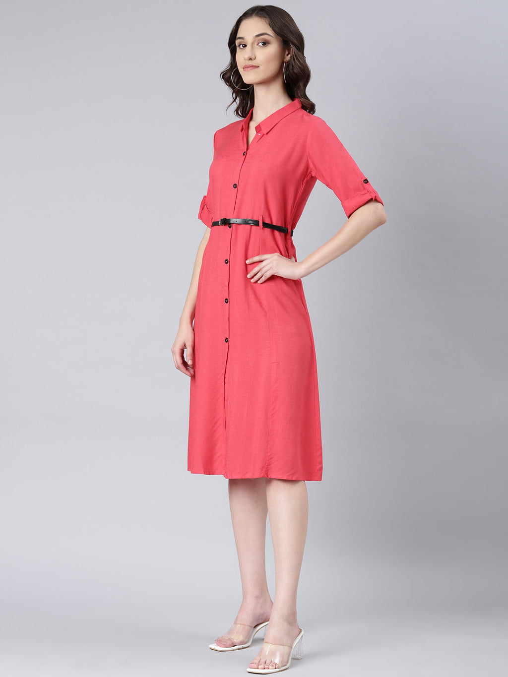 Women's Peach Shirt Collar Roll-Up Sleeves Shirt Midi Dress With Belted