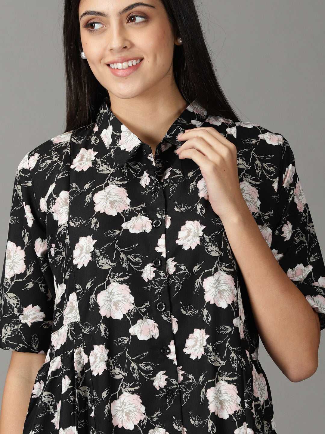 Women's Black Shirt Collar Floral Printed Fit & Flare Crepe Dress