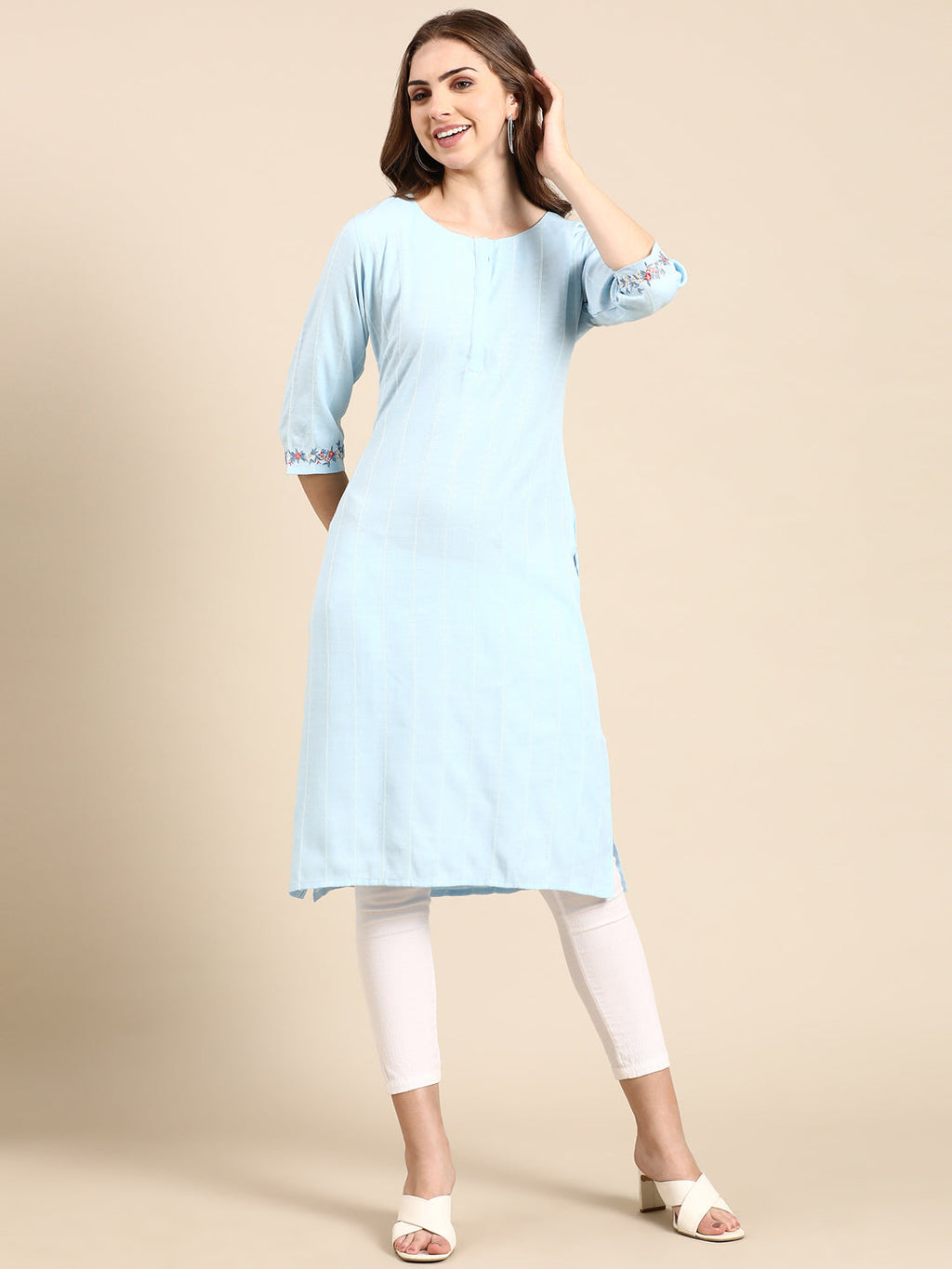 Women's Blue Striped Thread Work Straight Kurta