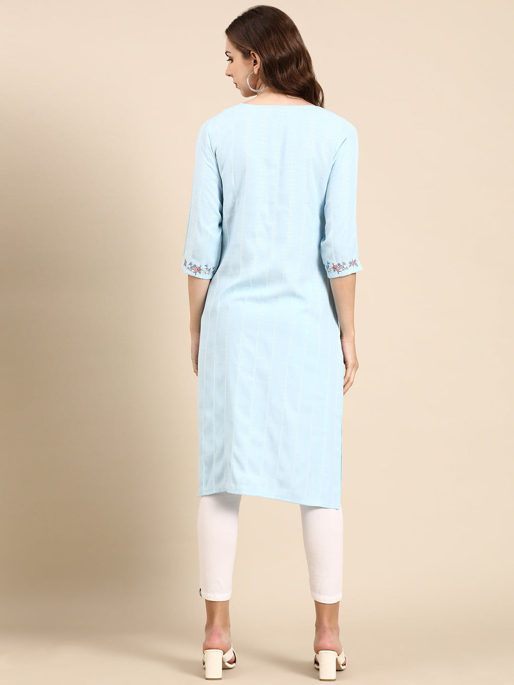 Women's Blue Striped Thread Work Straight Kurta
