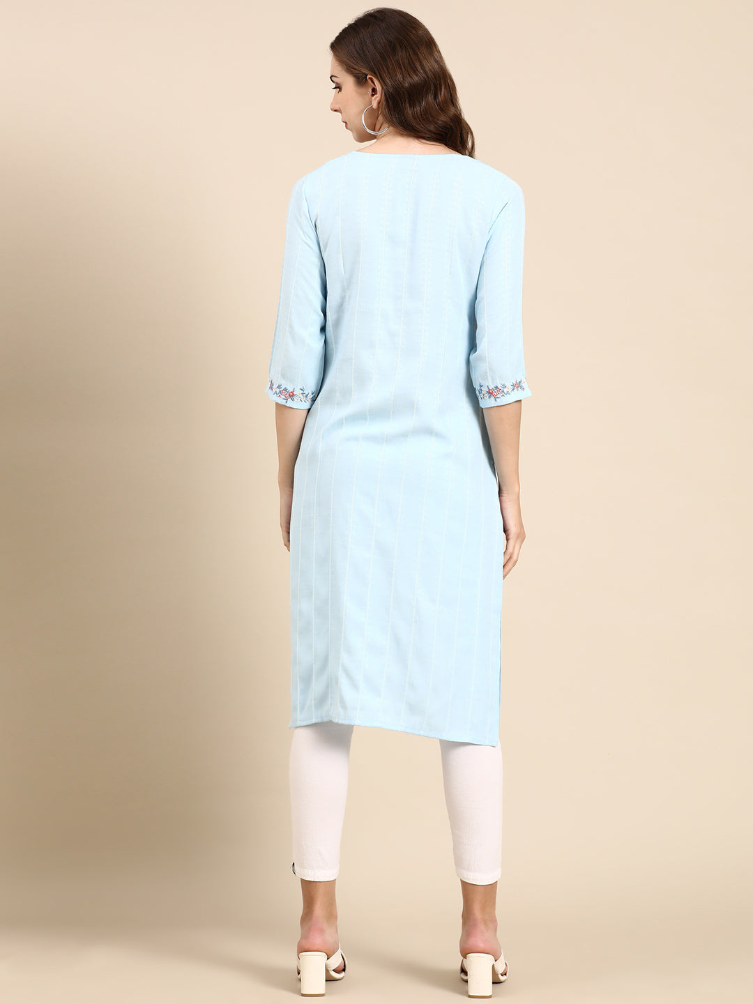 Women's Blue Striped Thread Work Straight Kurta