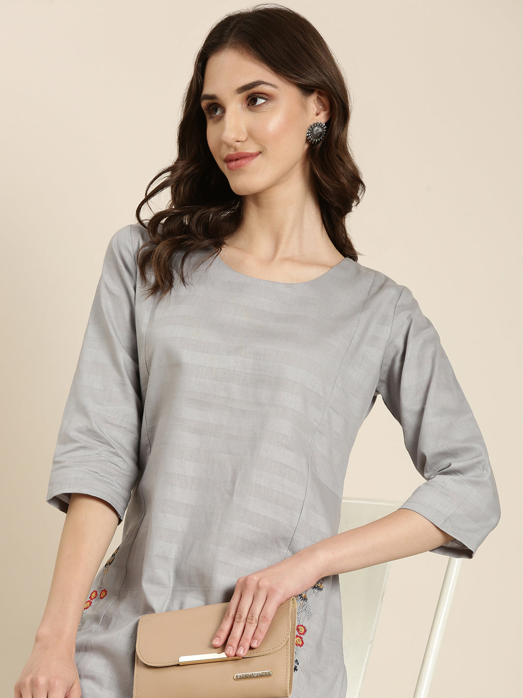 Women's Grey Woven Design Thread Work Straight Kurta