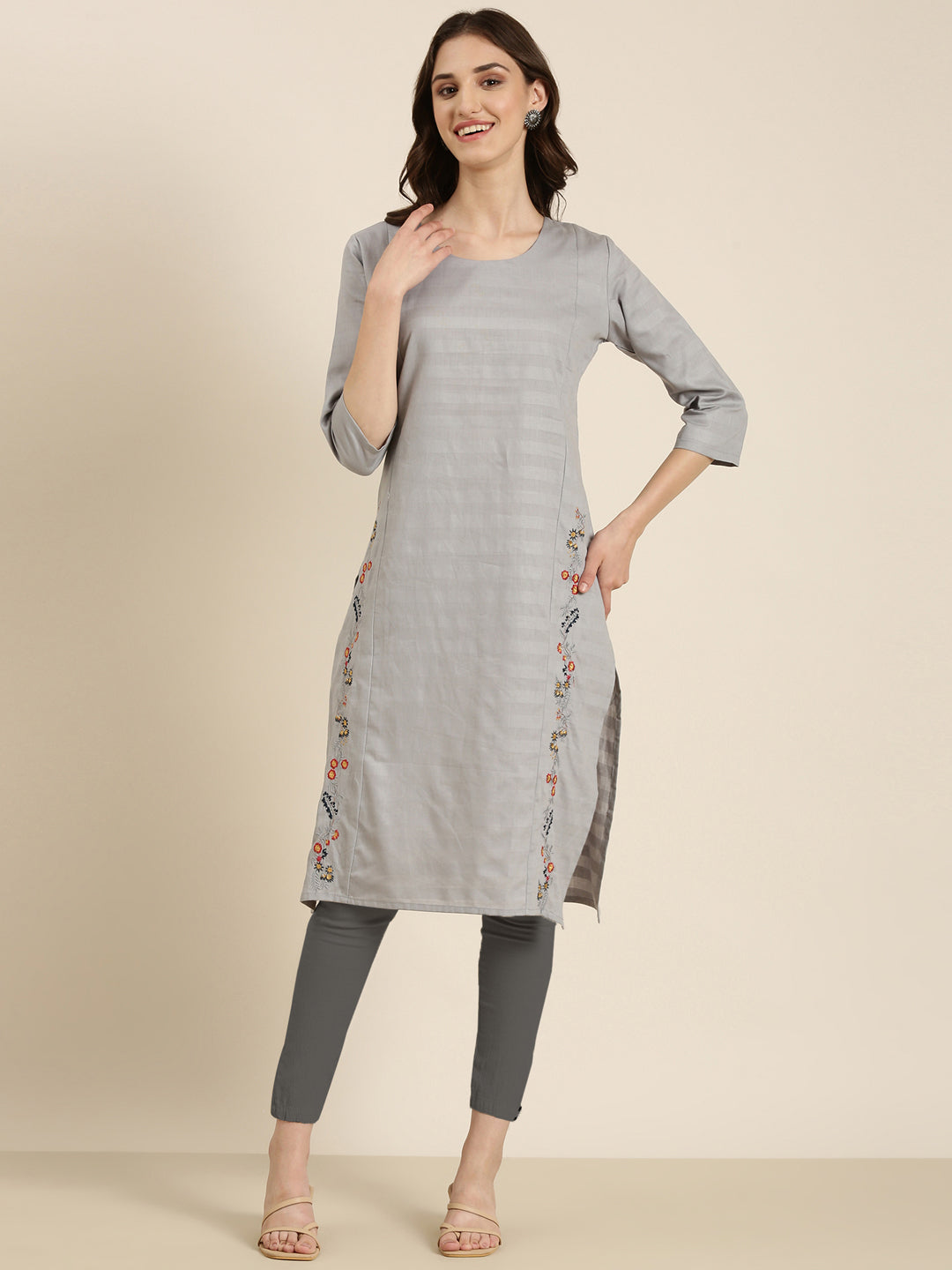 Women's Grey Woven Design Thread Work Straight Kurta