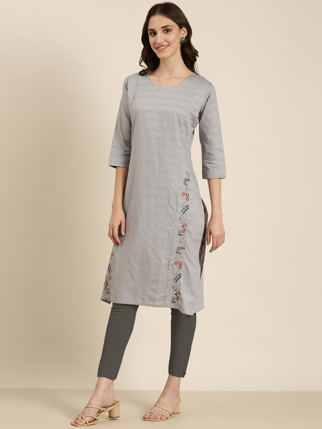 Women's Grey Woven Design Thread Work Straight Kurta