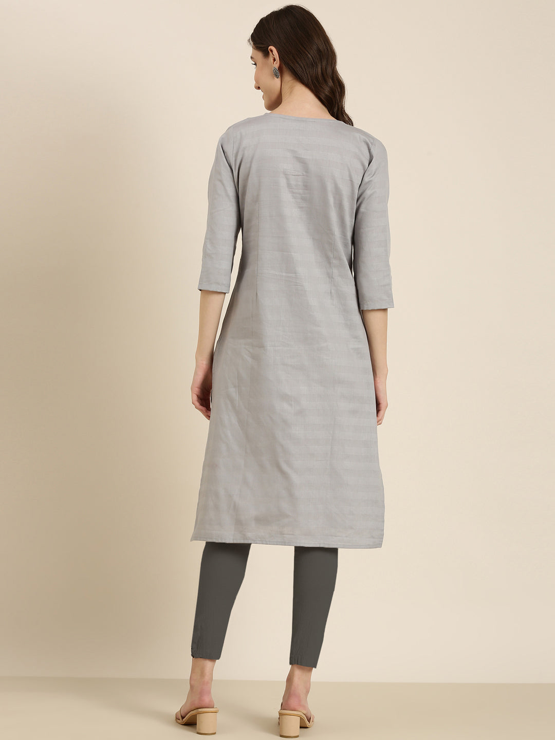 Women's Grey Woven Design Thread Work Straight Kurta