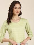 Women's Lime Green Striped Thread Work Straight Kurta