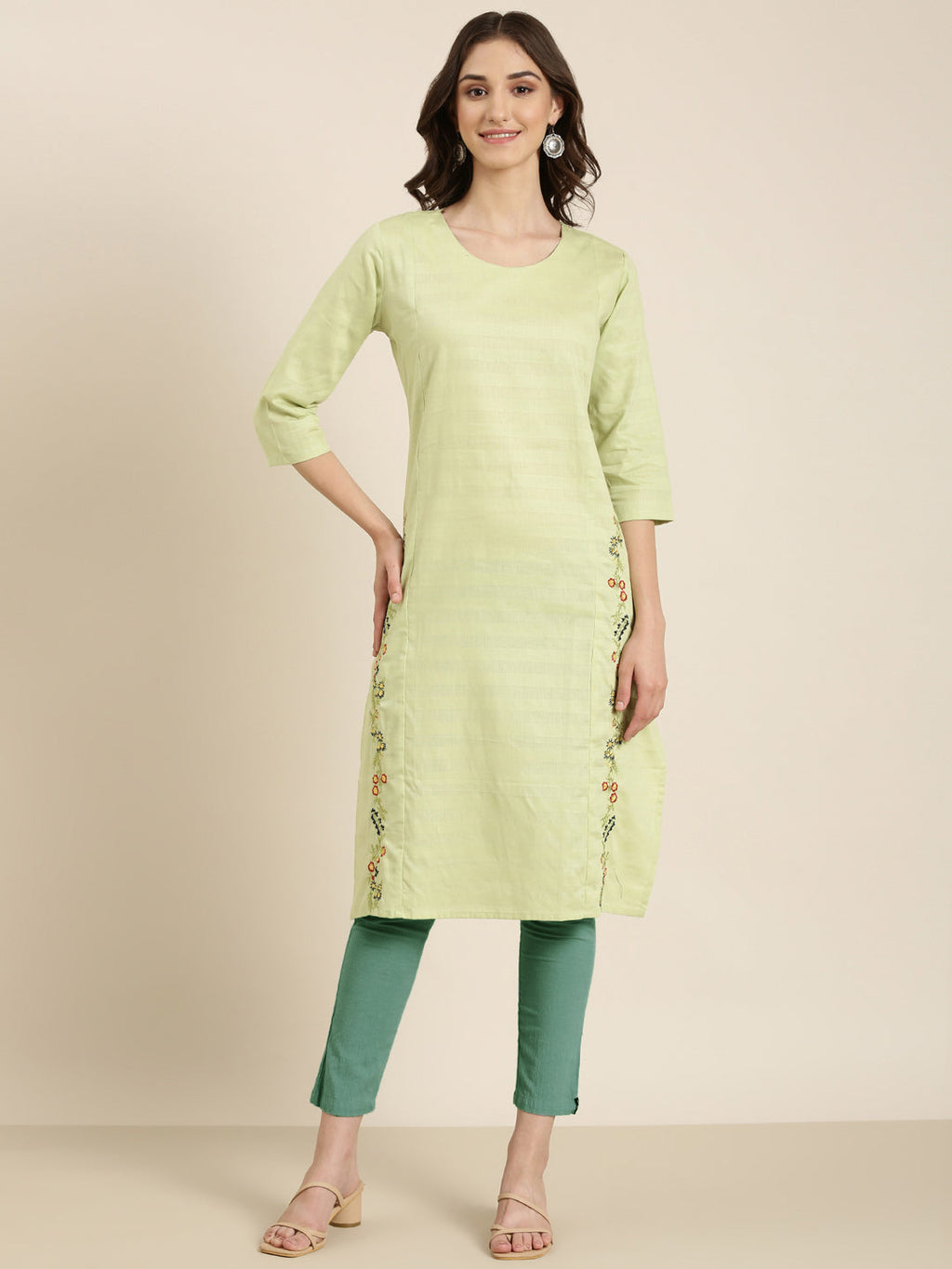 Women's Lime Green Striped Thread Work Straight Kurta