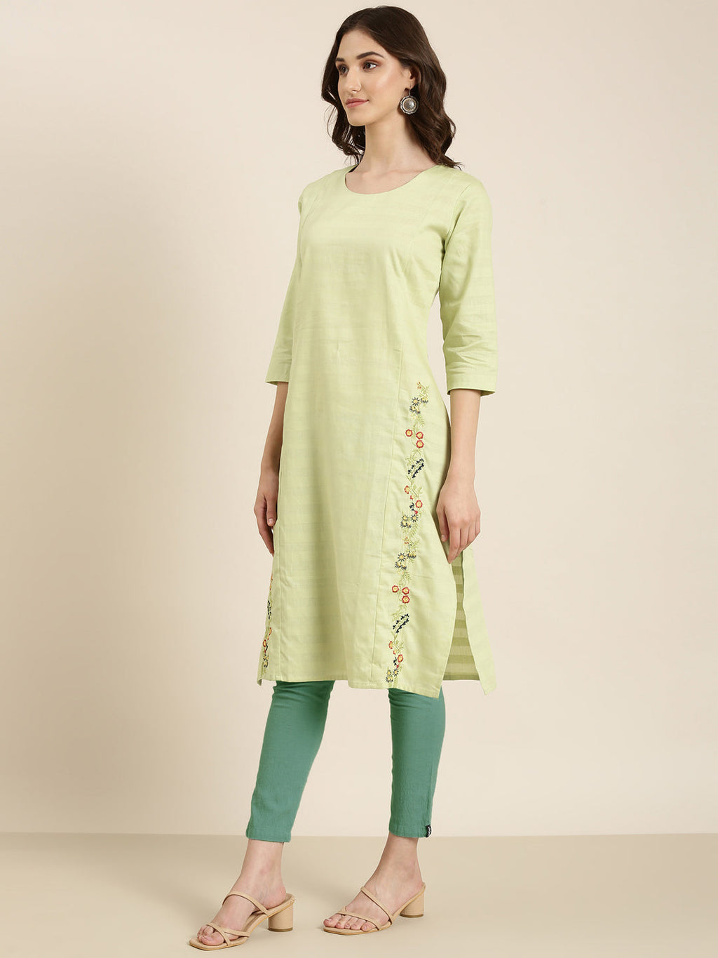 Women's Lime Green Striped Thread Work Straight Kurta