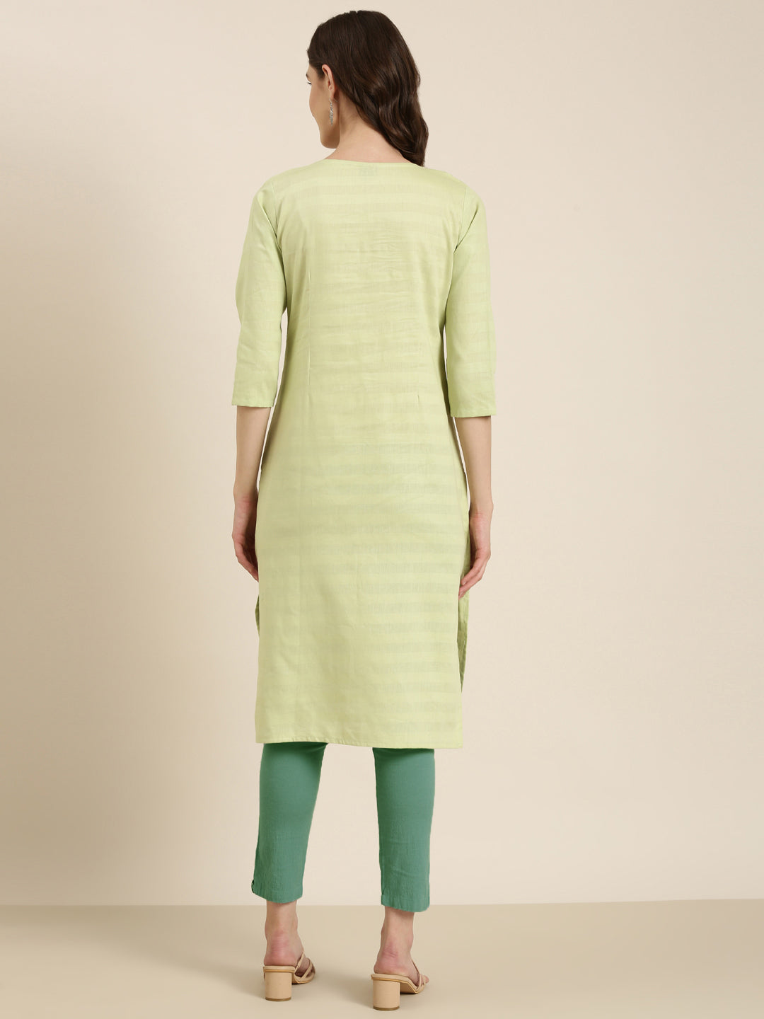 Women's Lime Green Striped Thread Work Straight Kurta