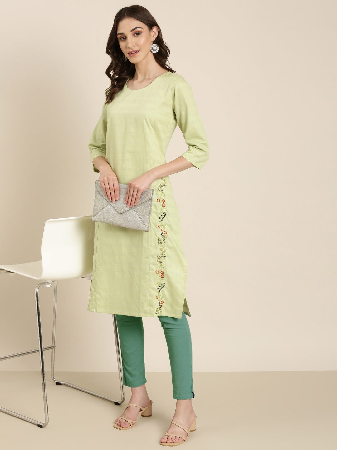 Women's Lime Green Striped Thread Work Straight Kurta