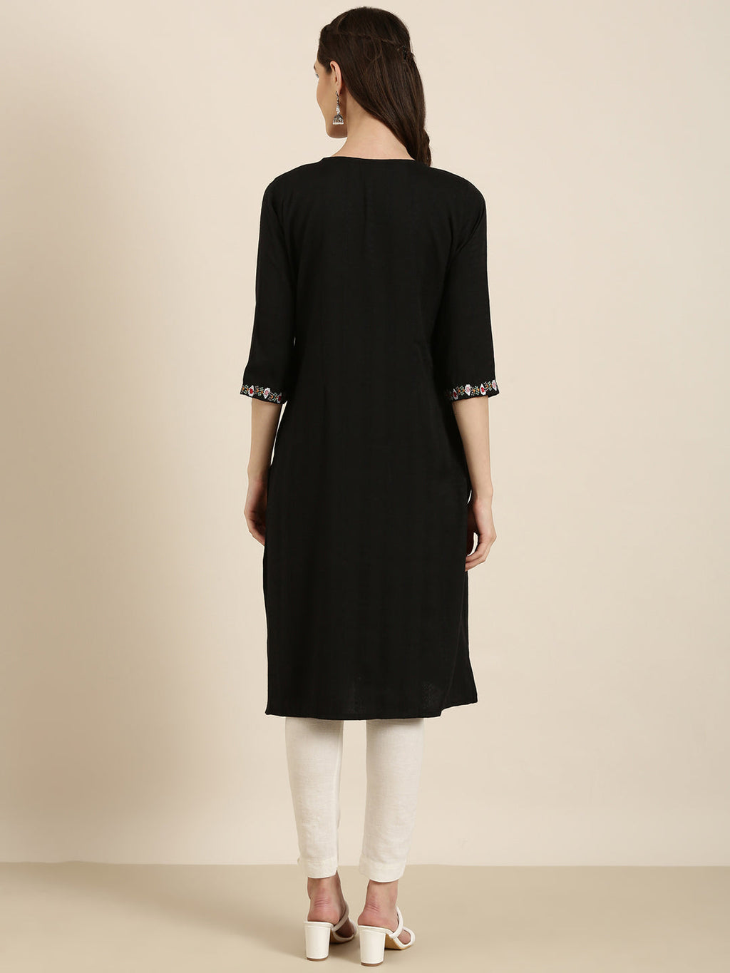 Women's Black Striped Thread Work Straight Kurta