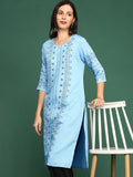 Women's Blue Ethnic Motifs Printed Cotton Straight Kurta
