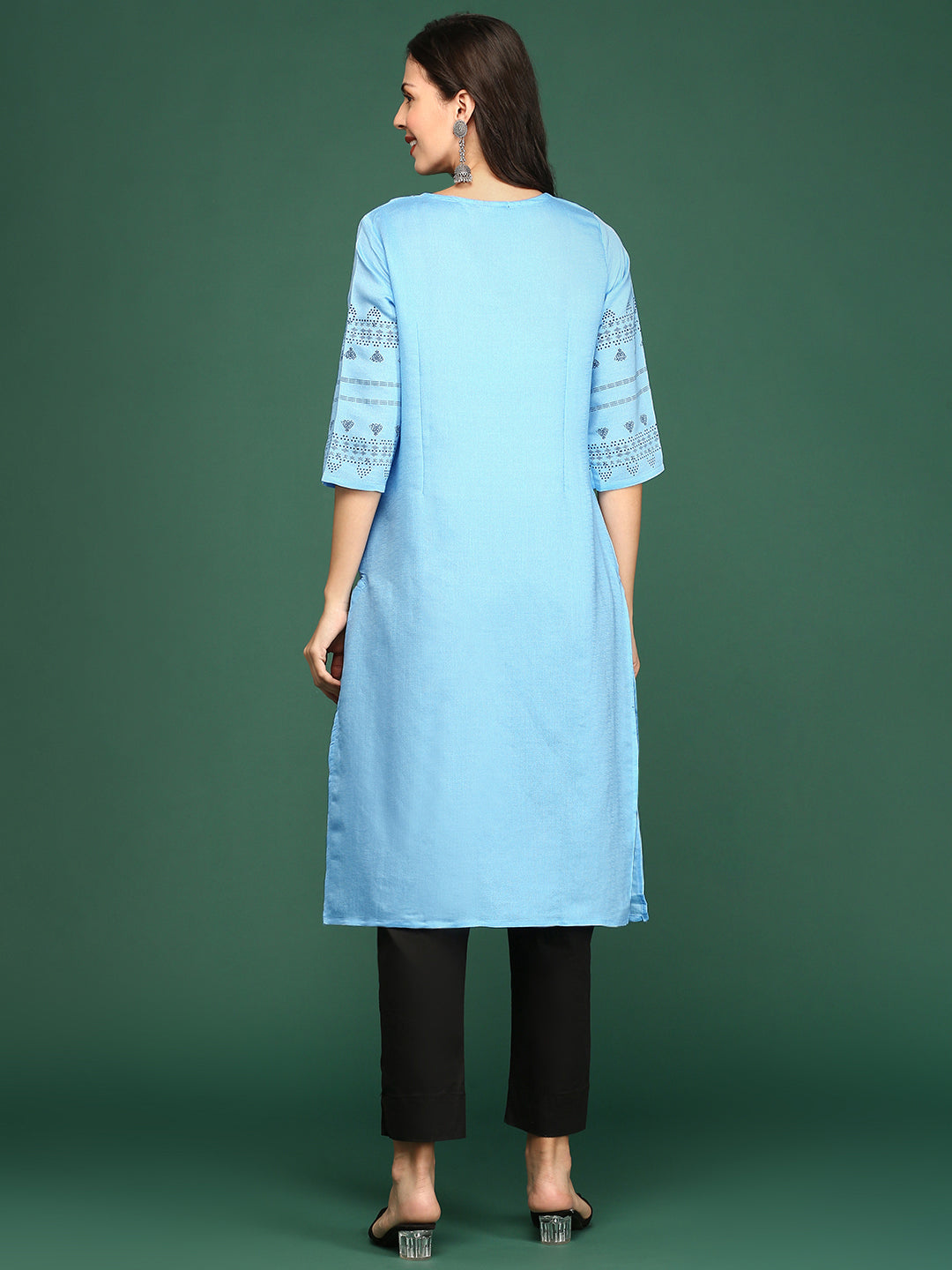 Women's Blue Ethnic Motifs Printed Cotton Straight Kurta