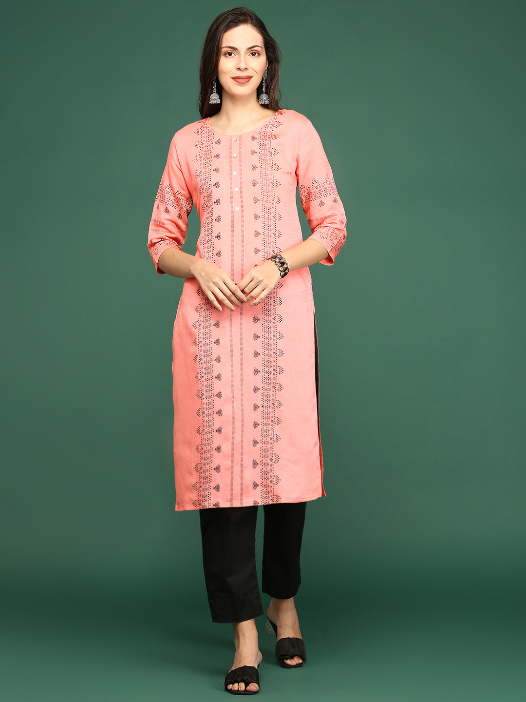 Women's Peach Geometric Printed Straight Kurta