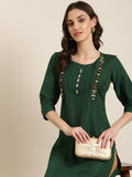 Women's Green Striped Cotton Thread Work Straight Kurta