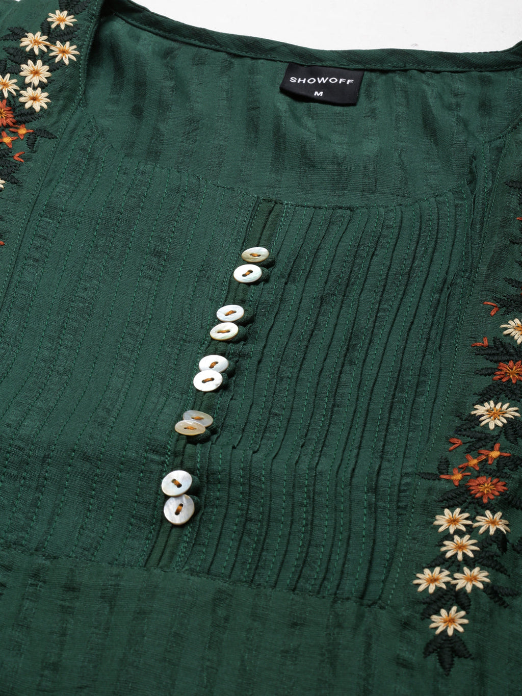 Women's Green Striped Cotton Thread Work Straight Kurta