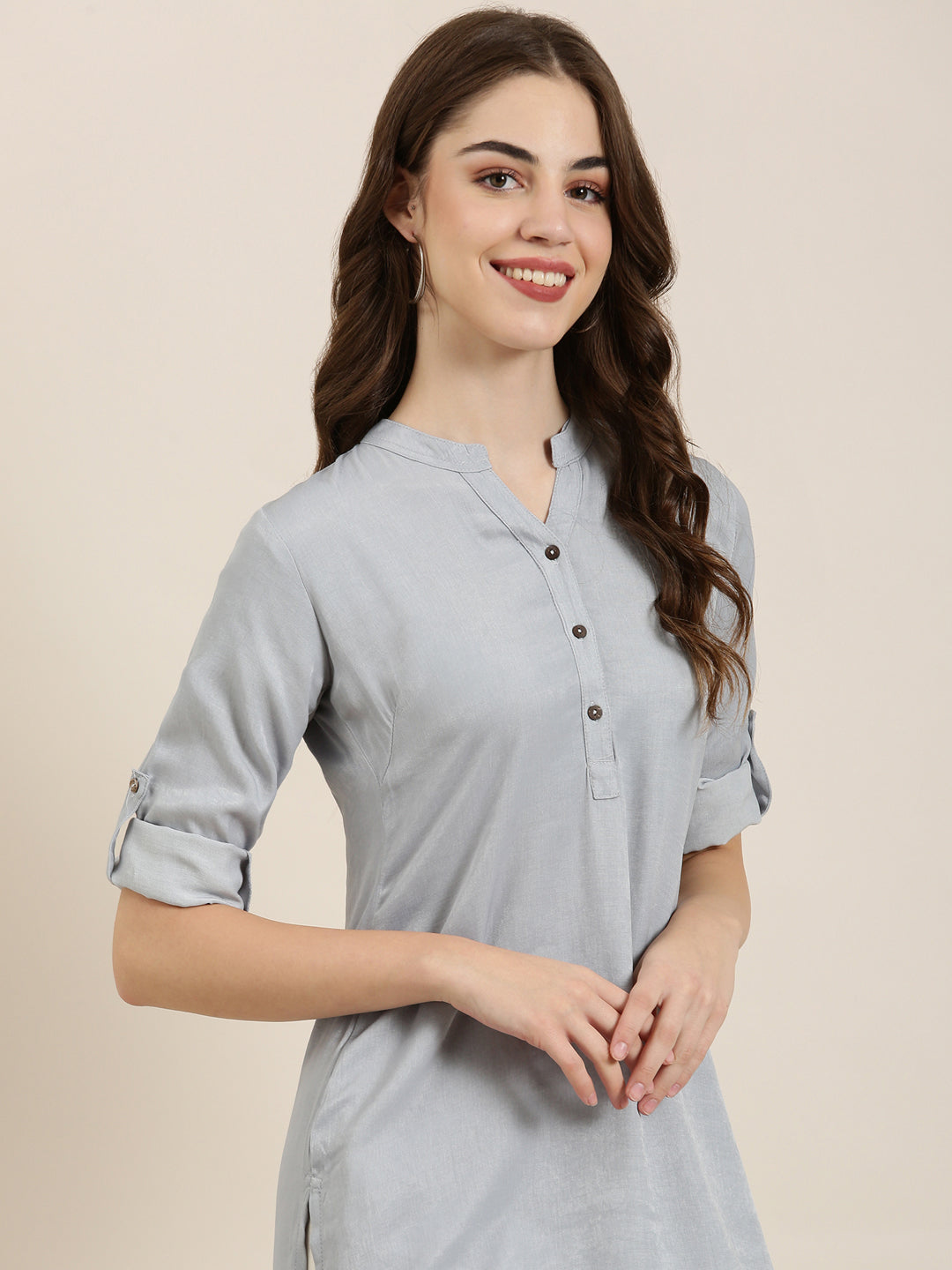 Women's Grey Mandarin Collar Straight Kurta