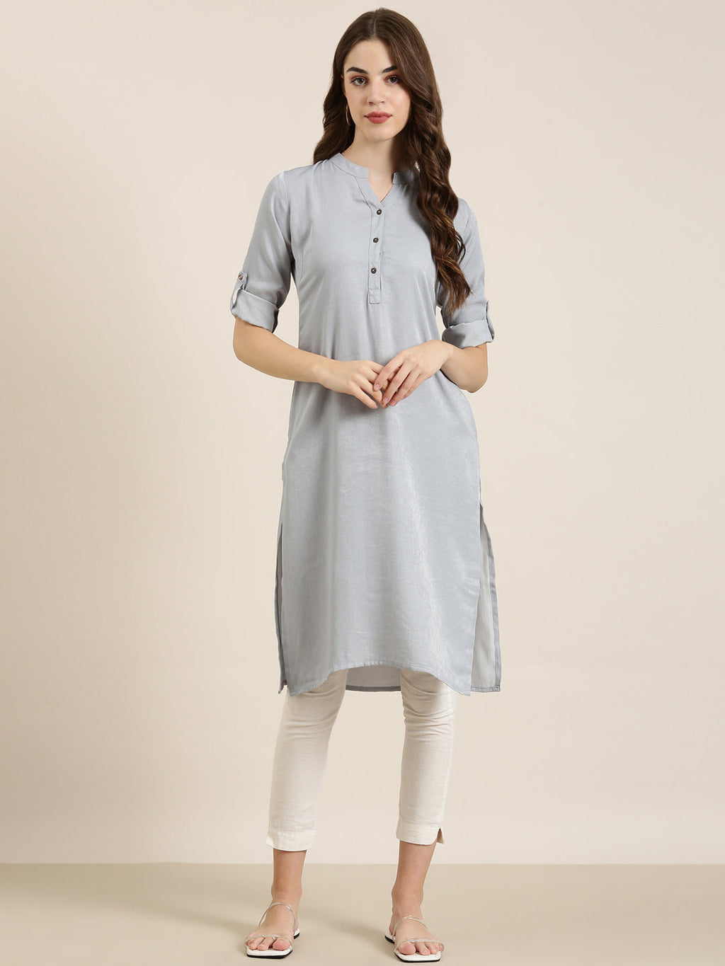 Women's Grey Mandarin Collar Straight Kurta