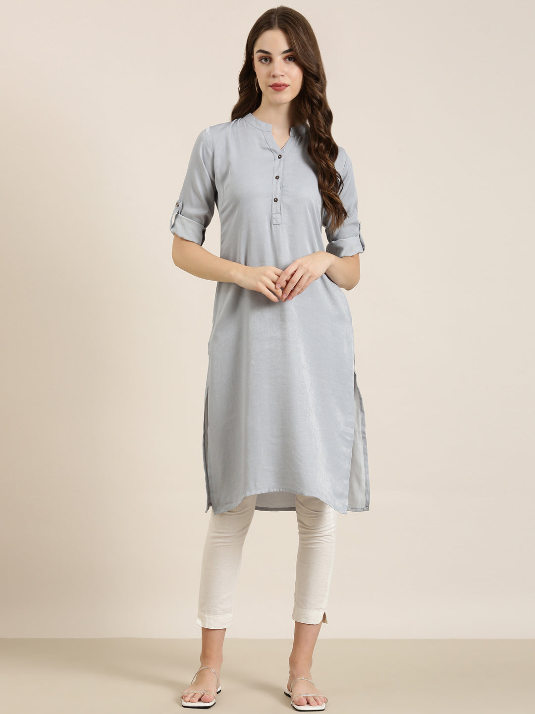 Women's Grey Mandarin Collar Straight Kurta