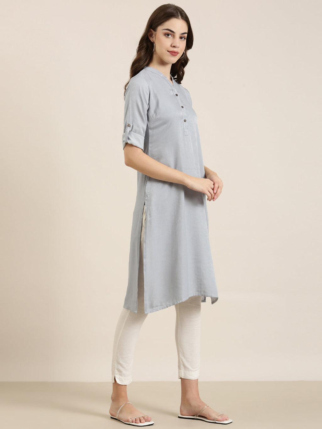 Women's Grey Mandarin Collar Straight Kurta