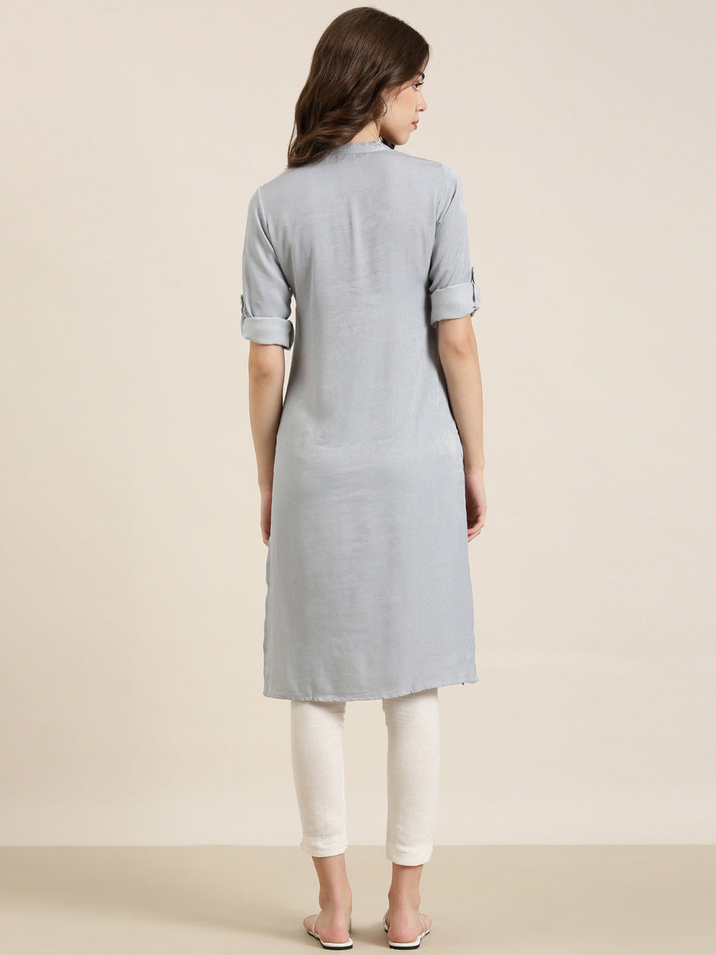 Women's Grey Mandarin Collar Straight Kurta