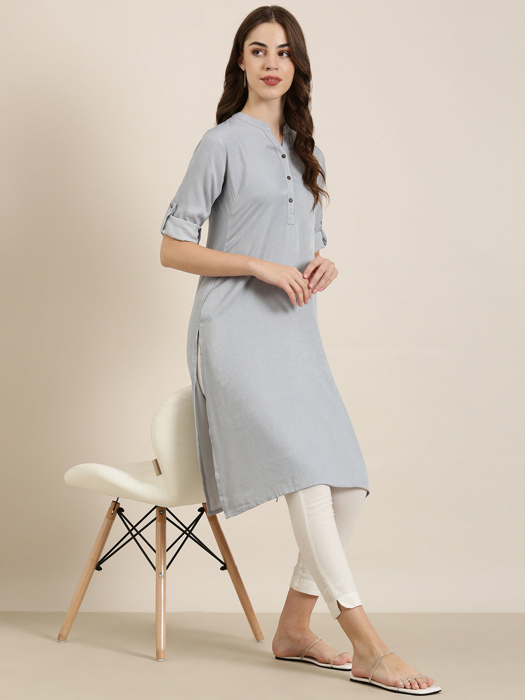 Women's Grey Mandarin Collar Straight Kurta