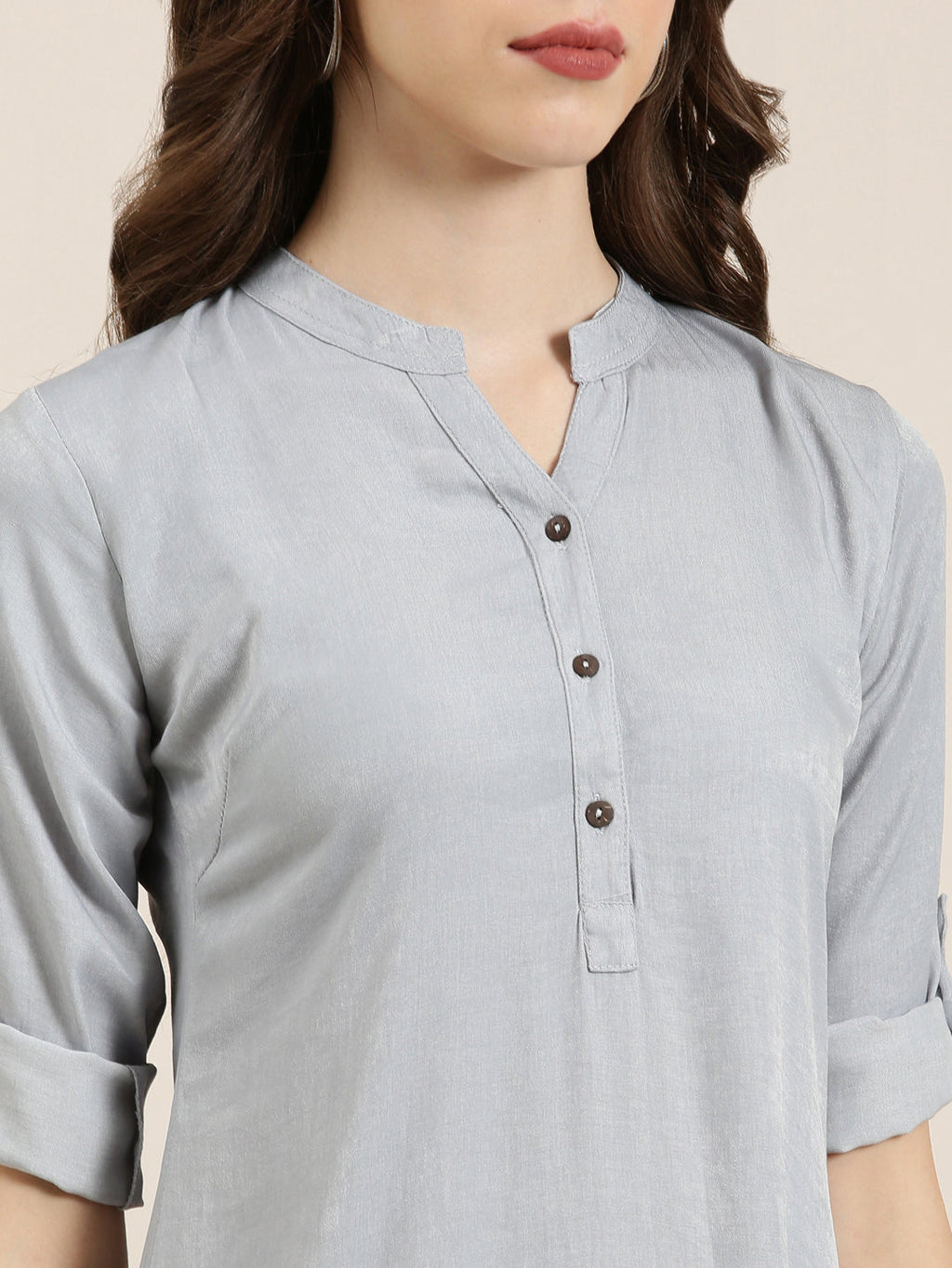 Women's Grey Mandarin Collar Straight Kurta