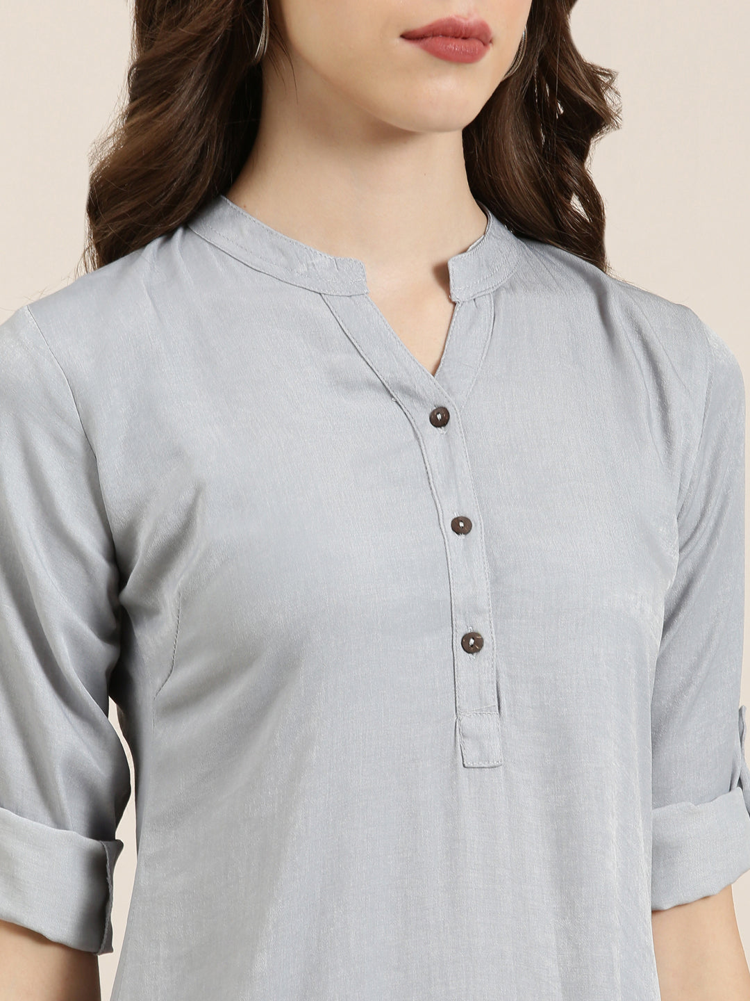 Women's Grey Mandarin Collar Straight Kurta