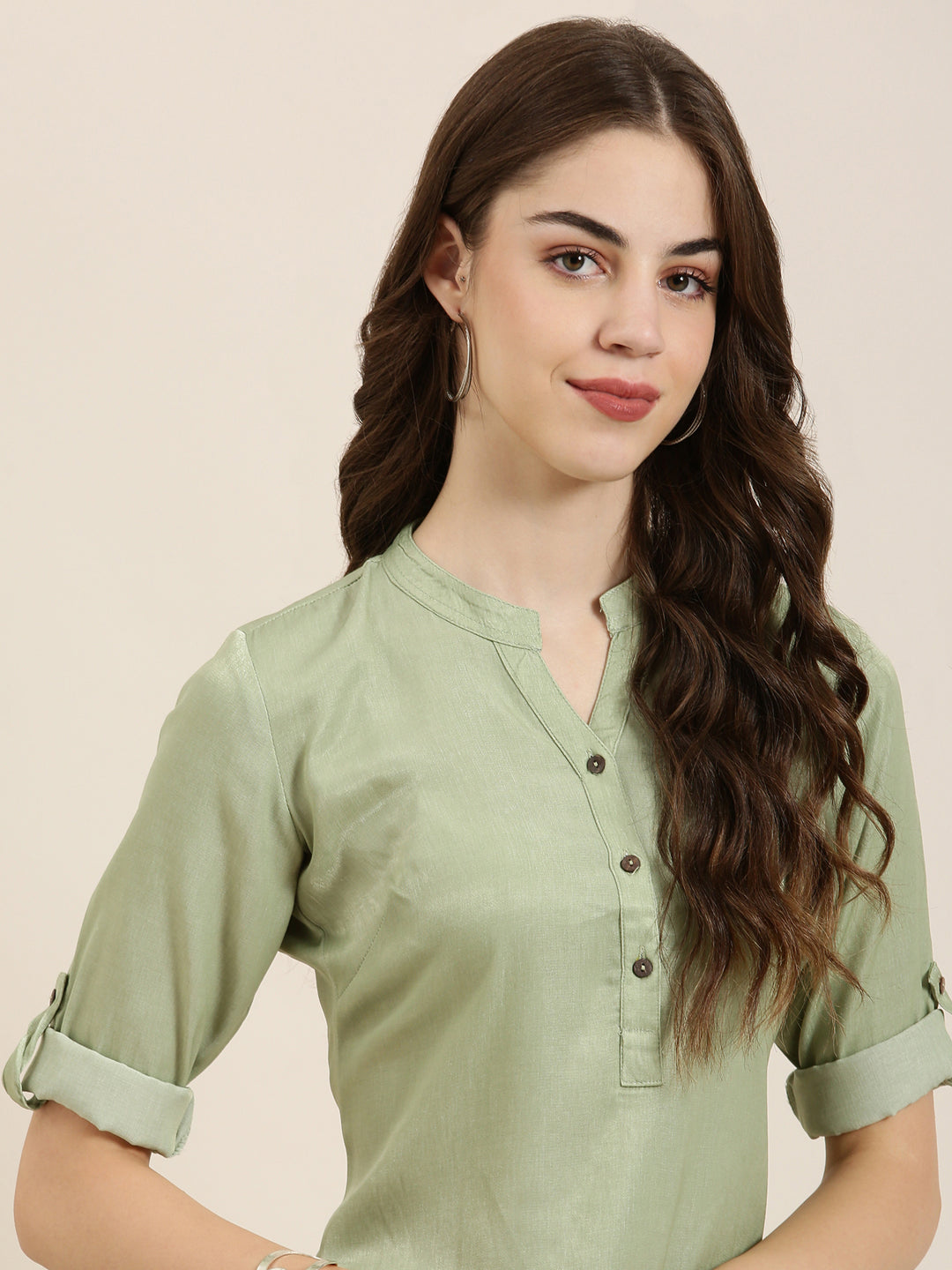 Women's Olive Mandarin Collar Roll Up Sleeves Straight Kurta