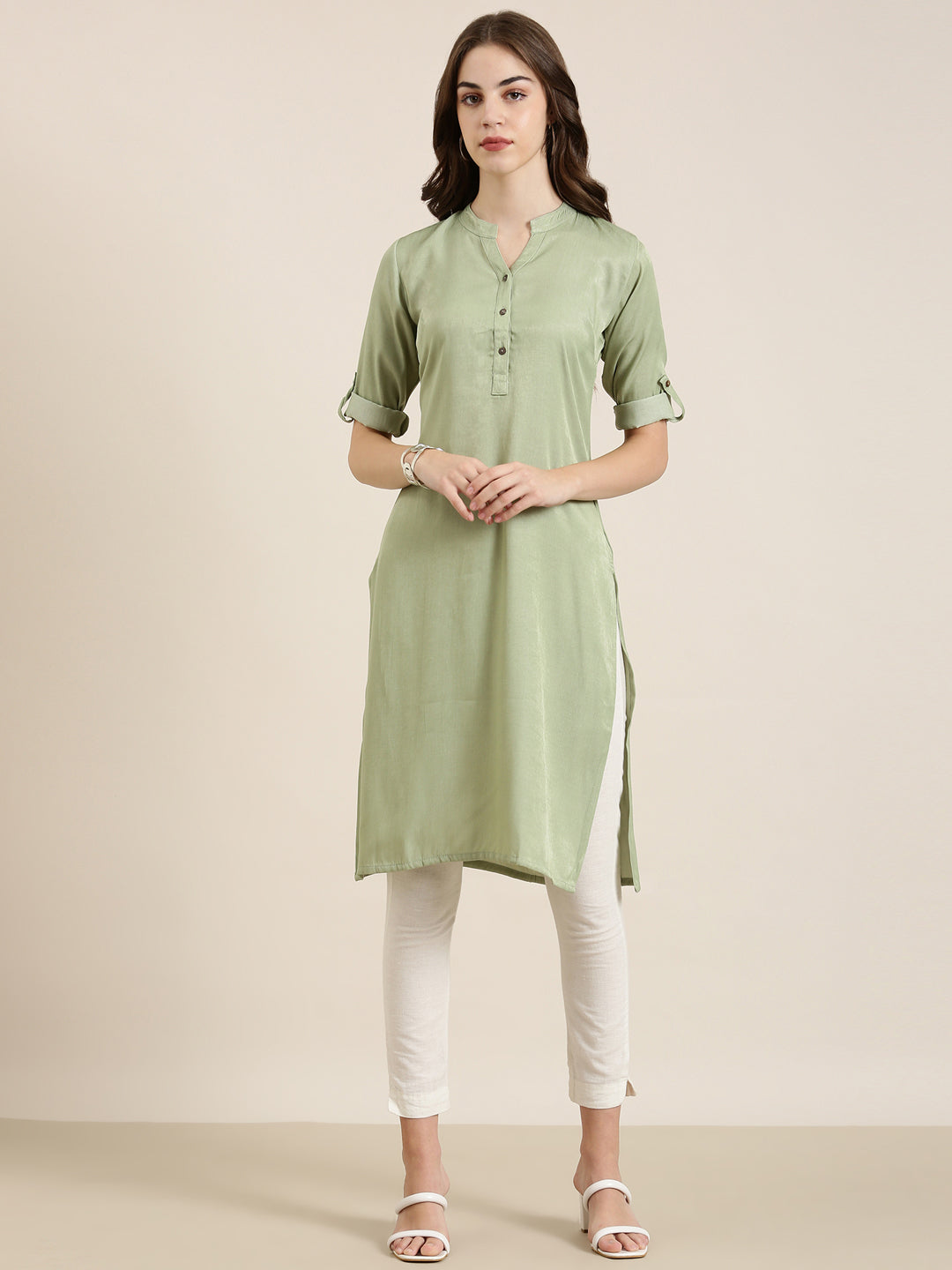 Women's Olive Mandarin Collar Roll Up Sleeves Straight Kurta