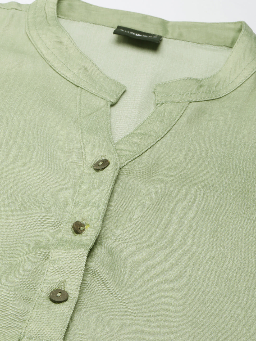 Women's Olive Mandarin Collar Roll Up Sleeves Straight Kurta