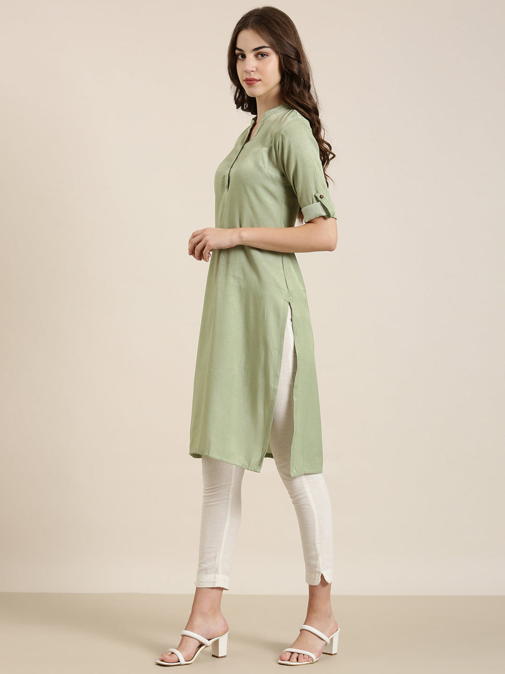 Women's Olive Mandarin Collar Roll Up Sleeves Straight Kurta
