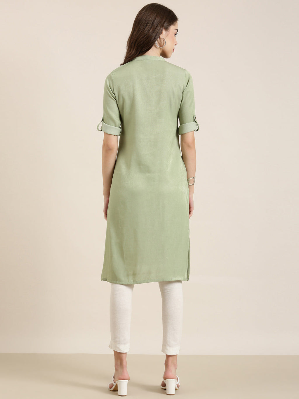 Women's Olive Mandarin Collar Roll Up Sleeves Straight Kurta