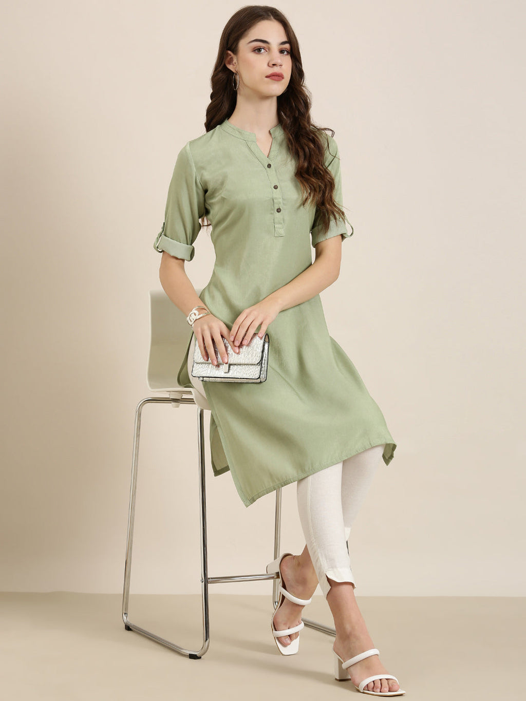 Women's Olive Mandarin Collar Roll Up Sleeves Straight Kurta
