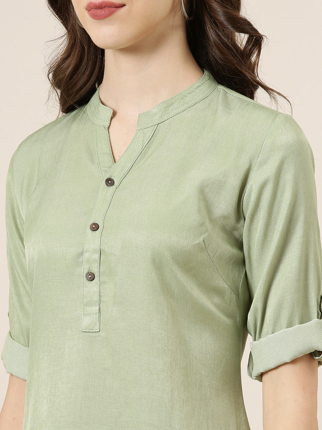 Women's Olive Mandarin Collar Roll Up Sleeves Straight Kurta