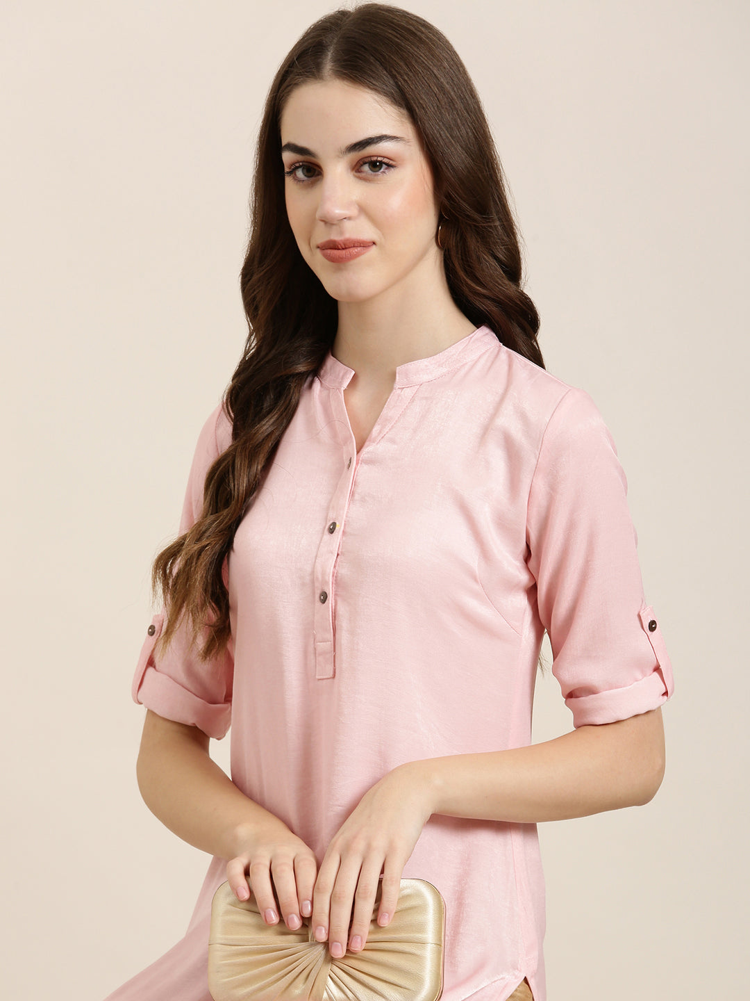 Women's Pink Mandarin Collar Cotton Straight Kurta